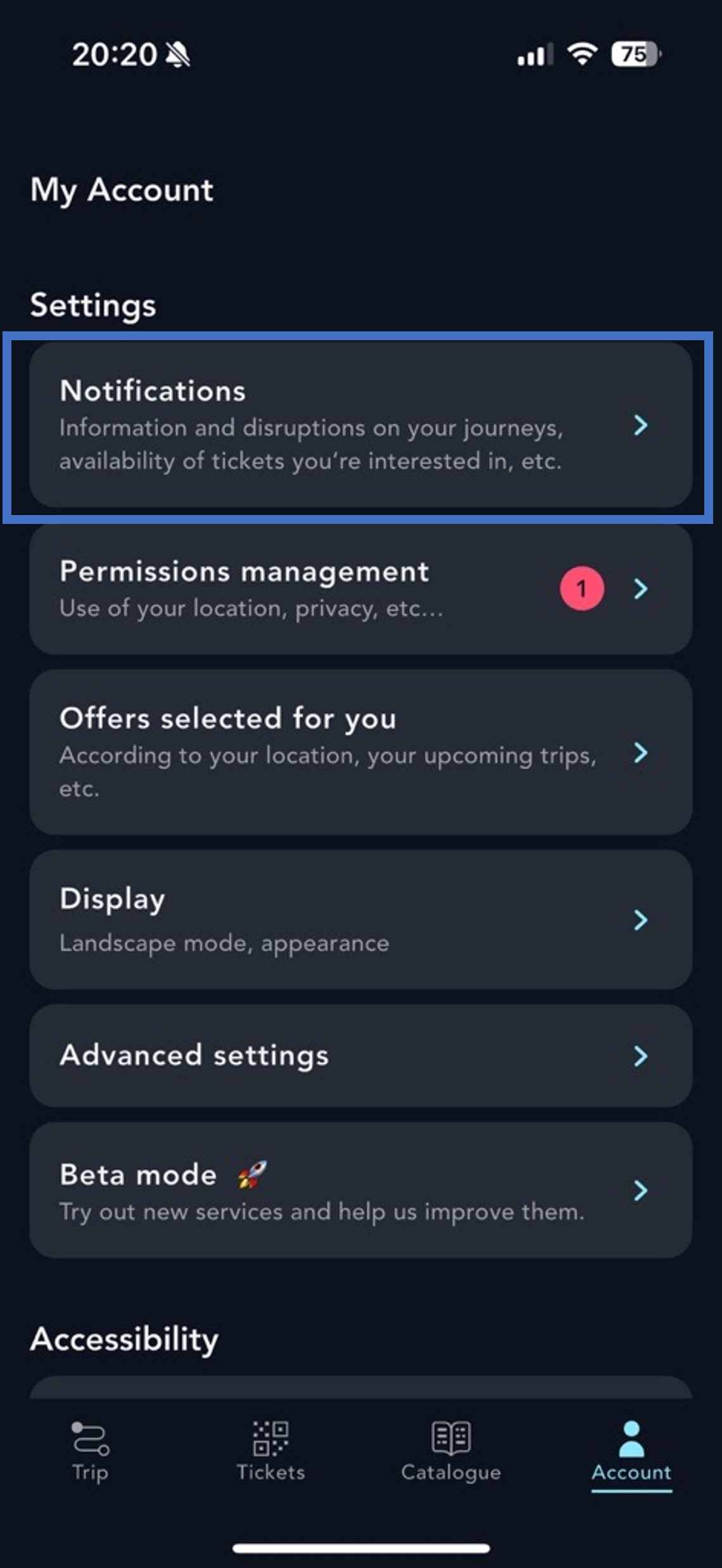 Visual of the Notifications section of the SNCF Connect application.