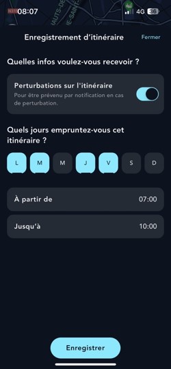 Ecran de l'activation d'une alerte itinéraire fréquent sur l'appli SNCF Connect