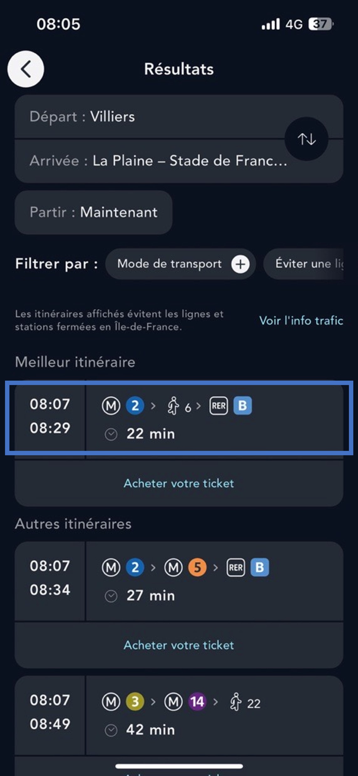 Ecran des résultats de recherche d'itinéraires de l'appli SNCF Connect