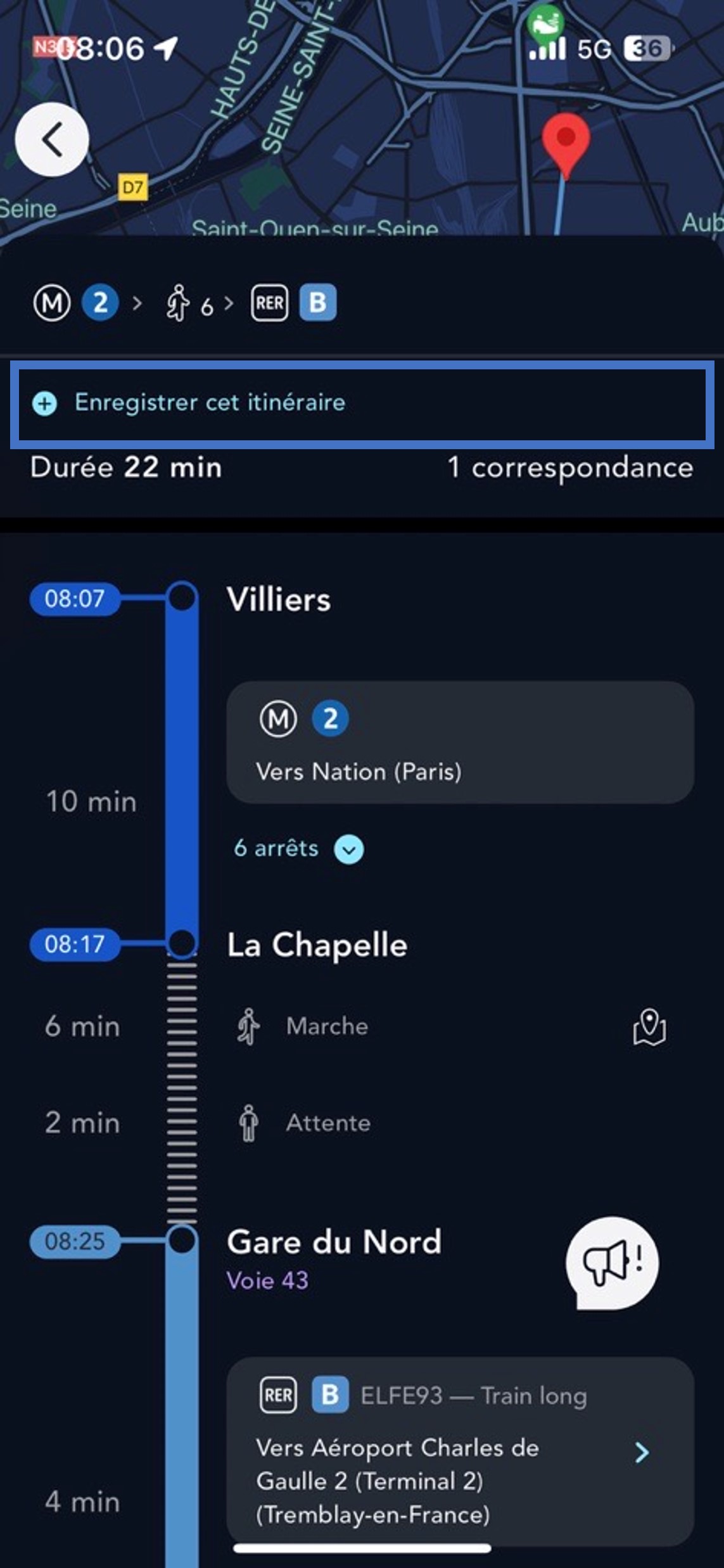 Ecran de l'appli SNCF Connect illustrant l'itinéraire fréquent à enregistrer