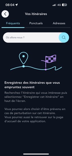 Ecran de la rubrique Vos itinéraires onglet Fréquents de l'appli SNCF Connect