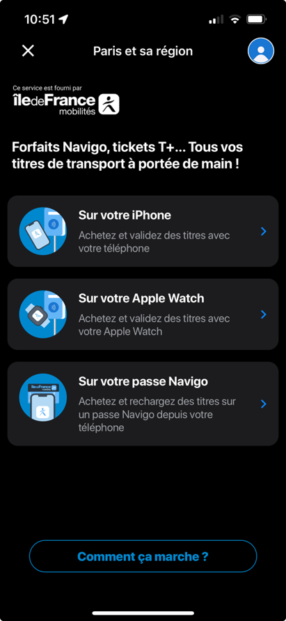 Ecran de la page Paris et sa région de l'application SNCF Connect