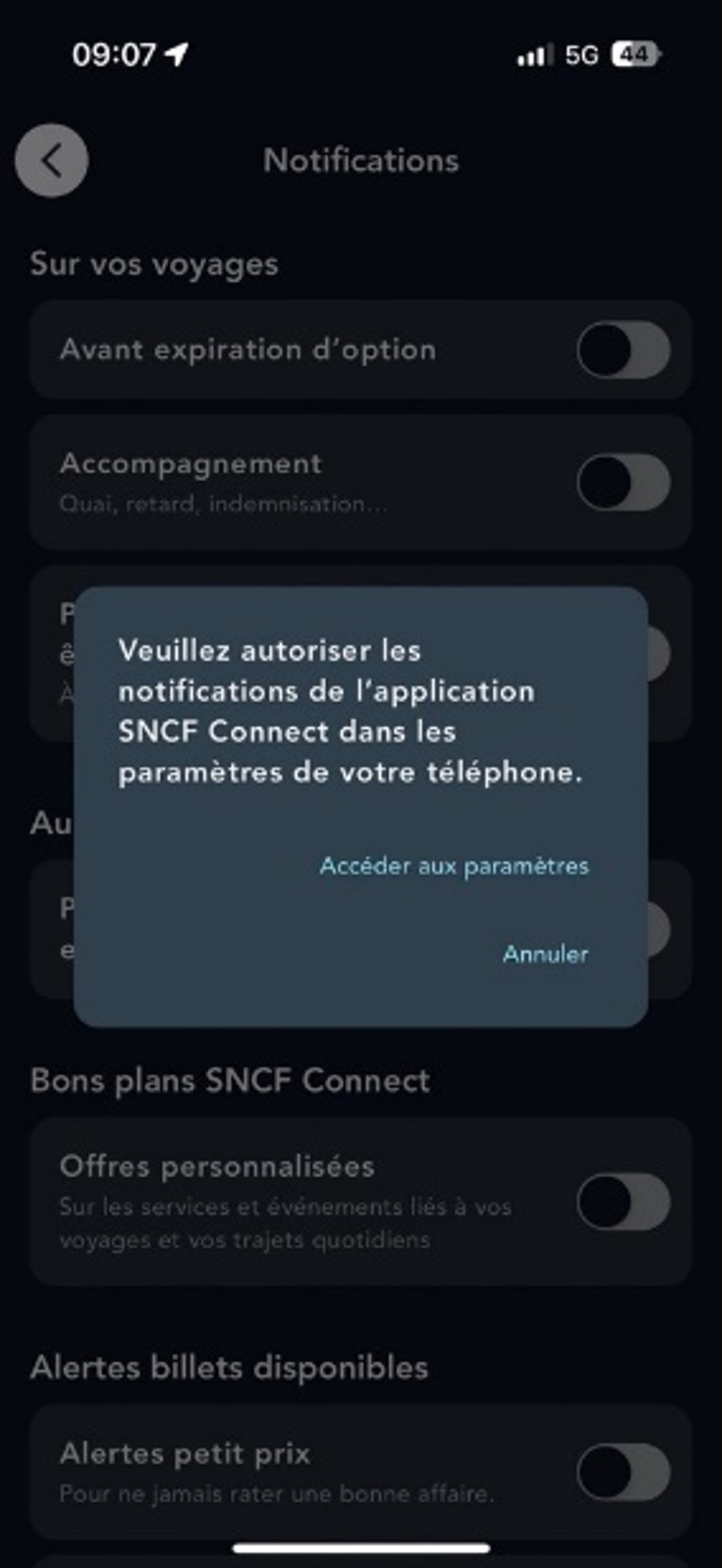 Ecran illustrant le message d'autorisation des notifications sur l'application SNCF Connect
